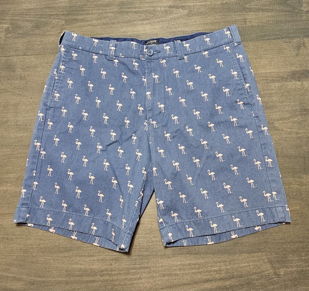 JCrew Gramercy Shorts Mens Size 34 Navy Blue Pink Flamingos Above Knee Cotton 9"